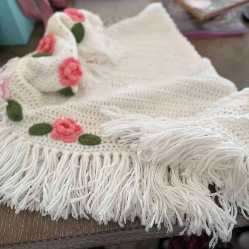 Crocheted Shawl? Couch Throw? Rosettes - Picture 6 of 7